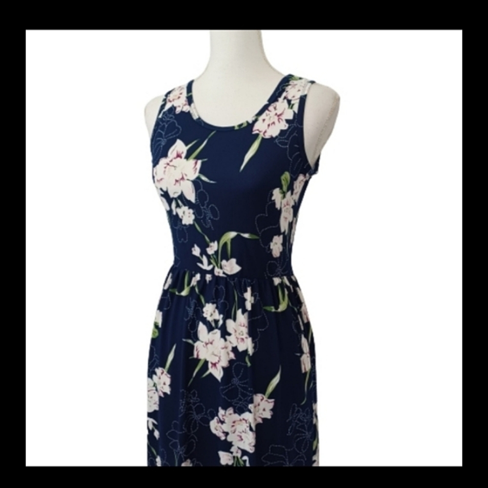 AUSELILY Blue Navy Garden Floral Maxi Soft Stretchy Modest Pocket Summer Dress - Picture 5 of 15